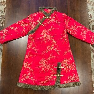Chinese Traditional Dress Child's Quilted Cheongsam Fur Edged Red Gold Toggles